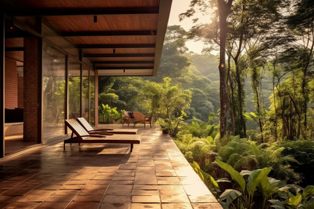 Wooden deck chair on terrace of modern villa in tropical forestの素材