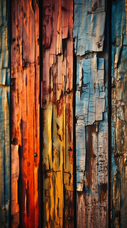 Vintage background of old wooden planks painted in different colors.の素材