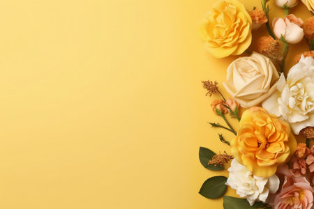 Flowers composition on yellow background. Flat lay, top view, copy spaceの素材