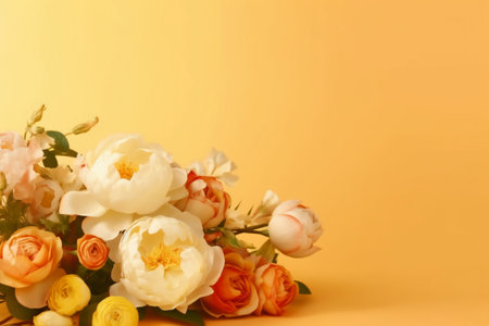 Bouquet of roses on a yellow background with space for textの素材