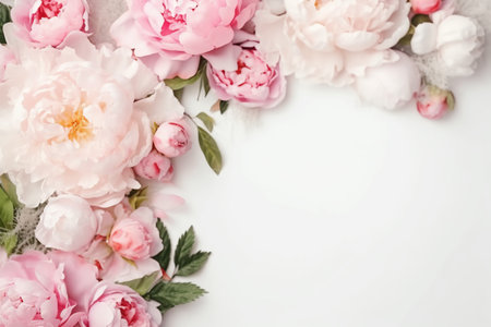 Flowers composition. Frame made of peony flowers on white background. Flat lay, top view, copy spaceの素材
