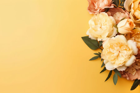 Beautiful flowers on yellow background, top view. space for textの素材