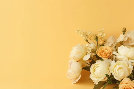 White roses on a yellow background with copy space. Flat lay.の素材
