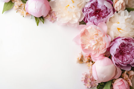 Beautiful peony flowers on white background, top view. space for textの素材