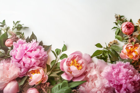 Creative layout made of pink peony flowers on white background. Flat lay, top view, copy spaceの素材