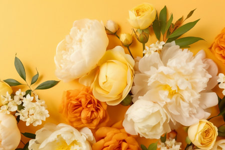Flowers composition. Frame made of flowers on yellow background. Flat lay, top view, copy spaceの素材
