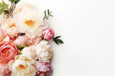 Beautiful peony flowers on white background, flat lay. space for textの素材