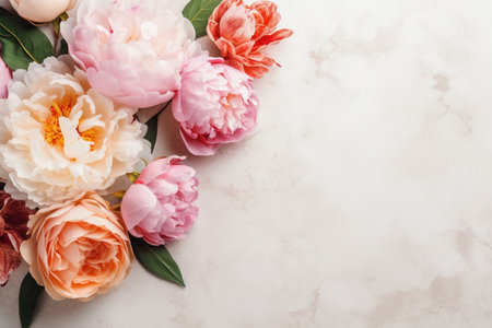 Beautiful peony flowersle background, top view. space for textの素材