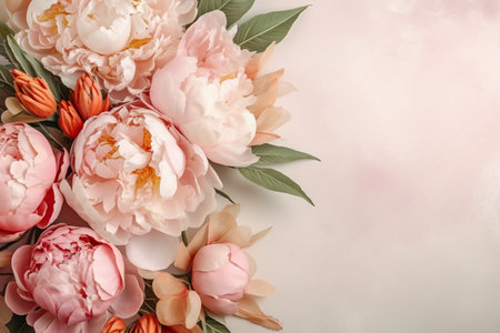 Beautiful peony flowers on light background, flat lay. space for textの素材