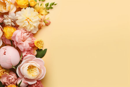 Beautiful flowers on color background, top view. space for textの素材