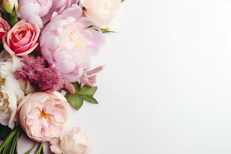 Bouquet of pink peonies on a white background with copy spaceの素材