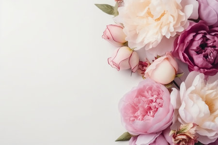 Beautiful peony flowers on white background. Flat lay, top view.の素材