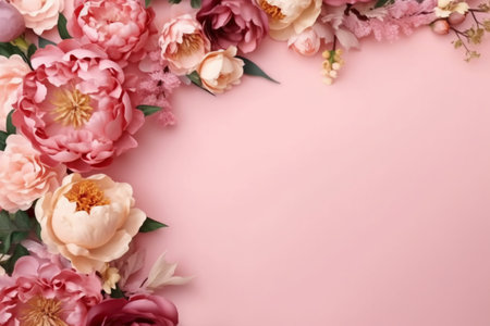 Flowers composition. Frame made of pink peonies on pink background. Flat lay, top view, copy spaceの素材