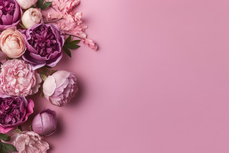 Flowers composition. Frame made of pink peonies on pink background. Flat lay, top view, copy spaceの素材