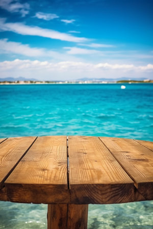 Wooden table on a background of turquoise sea and skyの素材