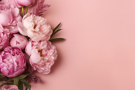 Bouquet of pink peonies on a pink background. Top view.の素材