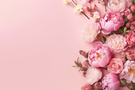 Flowers composition. Frame made of pink peonies on pastel pink background. Flat lay, top view, copy spaceの素材