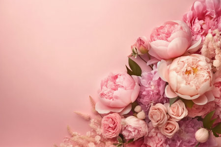 Bouquet of pink peonies on a pink background with copy spaceの素材