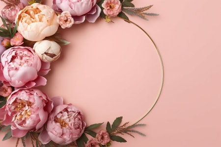 Flowers composition. Frame made of peony flowers on pastel pink background. Flat lay, top view, copy spaceの素材