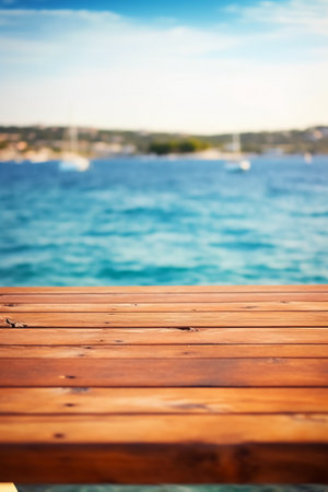 Wooden deck table on the background of the sea and the skyの素材