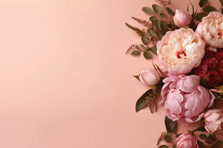 Flowers composition. Frame made of peony flowers on pastel pink background. Flat lay, top view, copy spaceの素材