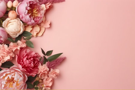 Beautiful flowers on pink background. Flat lay, top view, copy spaceの素材