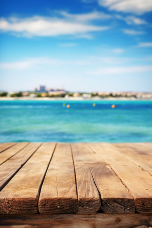 Wooden table on the background of the sea and blue sky.の素材