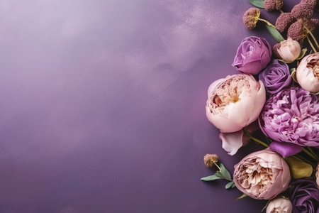 Beautiful bouquet of peonies on purple background with copy spaceの素材