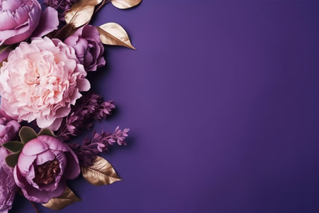Beautiful peony flowers on purple background with copy space. Flat lay, top viewの素材