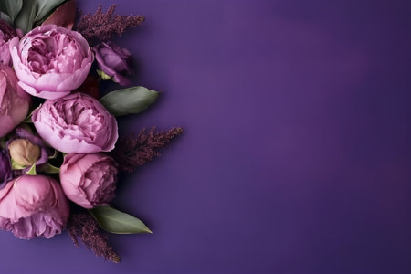 Beautiful bouquet of peonies on purple background, top viewの素材