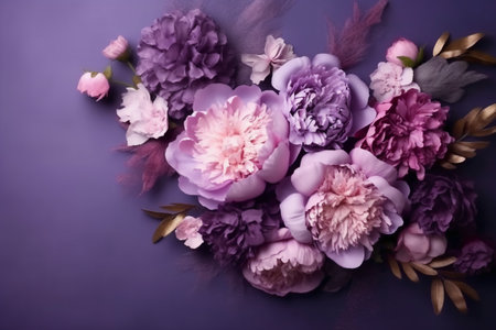 Bouquet of pink and purple peonies on a dark backgroundの素材