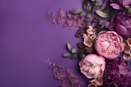 Beautiful peony flowers on violet background. Flat lay, top viewの素材