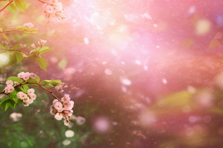 Blossoming branch of cherry on a blurred background. Spring landscape.の素材