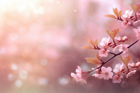 Blossoming branch with pink flowers on a bokeh backgroundの素材