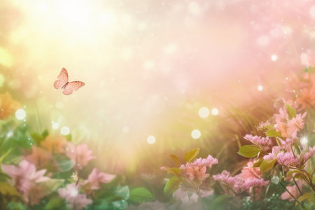 Spring background with pink flowers, butterflies and bokeh effect.の素材