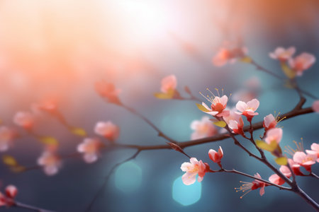 Beautiful blooming tree branch with pink flowers on blurred background.の素材