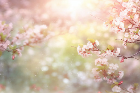 Spring blossom background. Beautiful nature scene with blooming tree and sun flareの素材