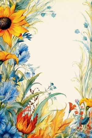 Watercolor floral background with sunflowers and cornflowers.の素材