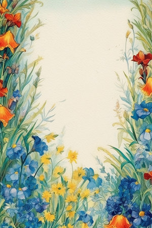 Vintage background with wildflowers and blue iris. Watercolor paintingの素材