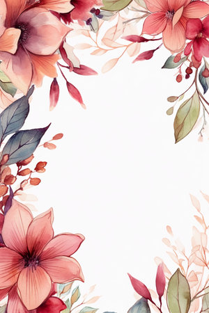 Watercolor floral frame with flowers, leaves and branches on white backgroundの素材