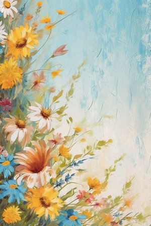 Colorful flowers watercolor painting on canvas. Floral background.の素材