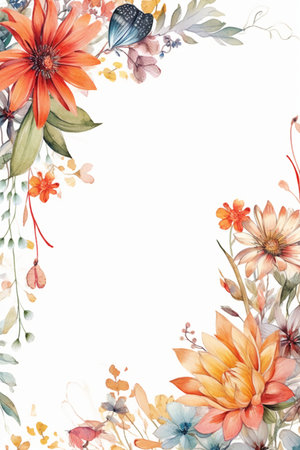 Watercolor floral greeting card. Hand painted flowers and leaves on white background.の素材