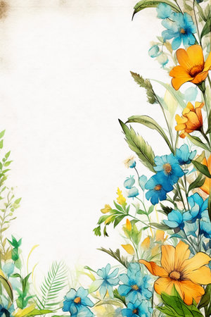 Watercolor floral background with blue and yellow flowers and leaves on old paperの素材