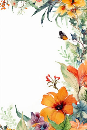 watercolor painting of leaves and flowers, on white background, isolatedの素材