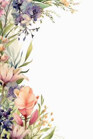 Watercolor floral background. Hand painted flowers and leaves on white background.の素材