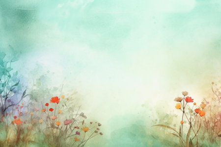 Abstract watercolor background with grass and flowers. Digital art painting.の素材