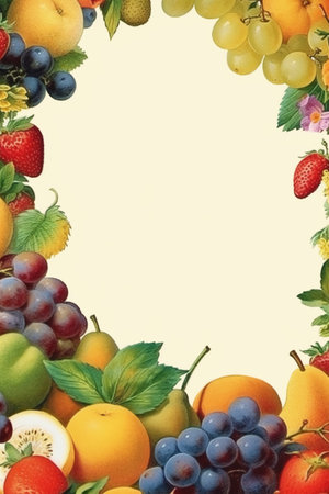 Fruit frame. Fruits and berries on a light background.の素材