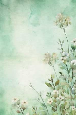 Watercolor floral background with white flowers and green leaves on paper textureの素材