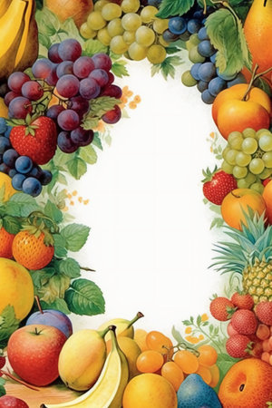 Watercolor fruit frame on white background. Hand drawn illustration with fruits.の素材