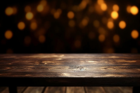 Empty wooden table and bokeh lights background. For product displayの素材